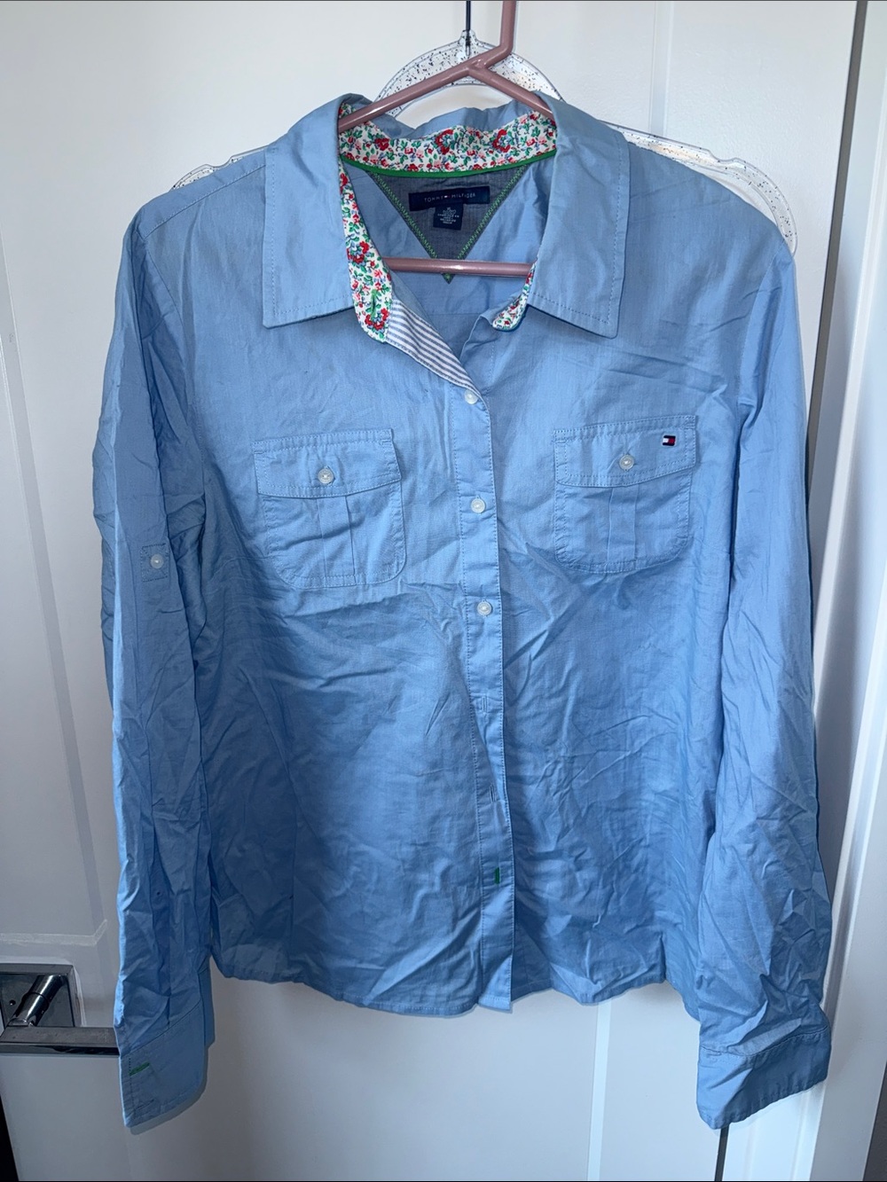 Tommy Hilfiger Light Blue Shirt with Floral Trim and Green Piping